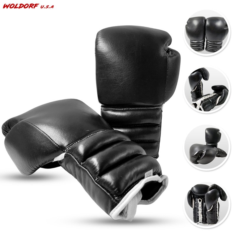 Woldorf USA Boxing Glove Kickboxing Lace up Punching Bag Black Leather Glove without logo