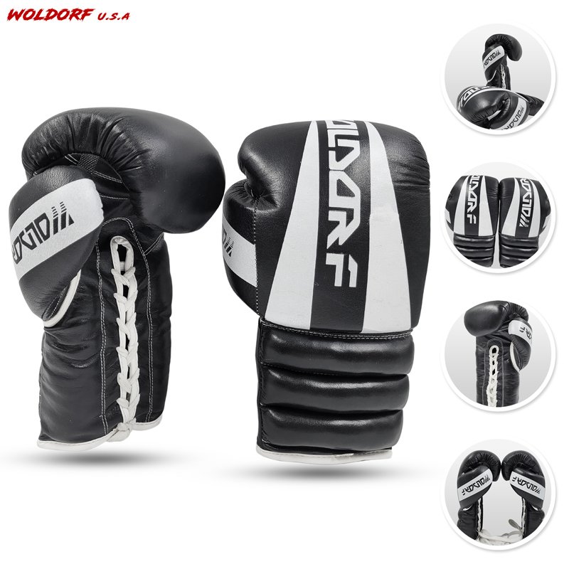 Woldorf USA Boxing Glove Kickboxing Lace up Punching Bag Black Leather Glove