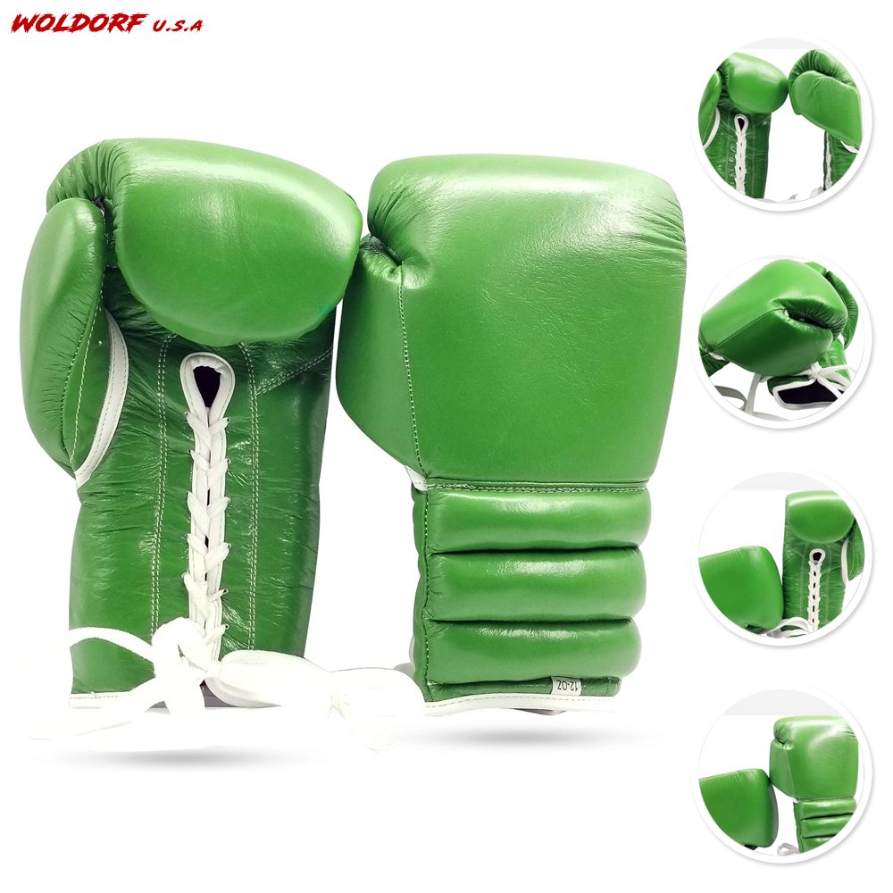 Woldorf USA Boxing Glove Kickboxing Lace up Punching Bag Green Leather Glove without logo