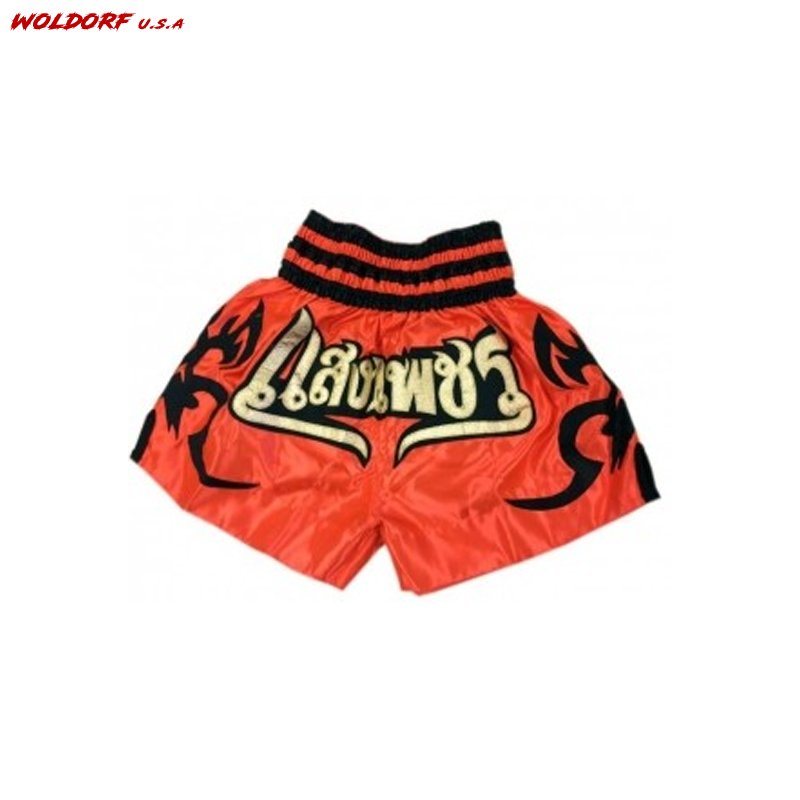WOLDORF BOXING MUAY THAI SHORTS IN SATIN EMBROIDERY CUTT LETTERS ORANGE