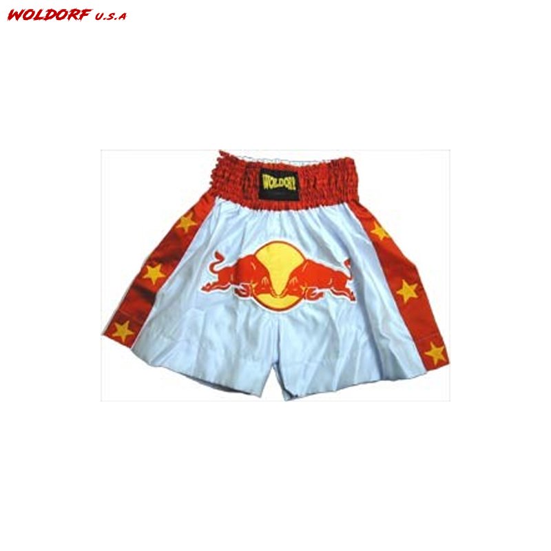 Muay Thai Kickboxing Shorts with Red Bulls in Satin