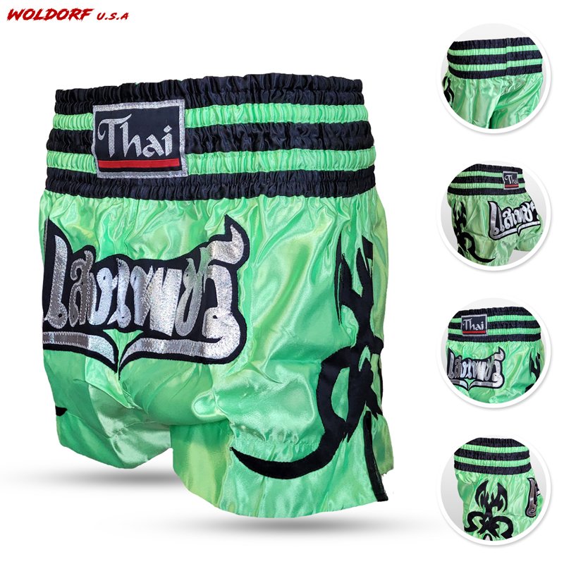 WOLDORF BOXING MUAY THAI SHORTS SATIN EMBROIDERY GREEN