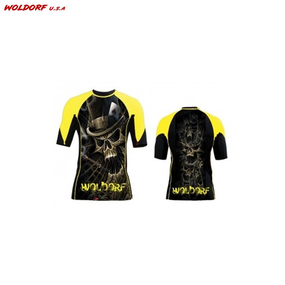 Sublimation Rash Guard in Yellow Top Hat Skull Design