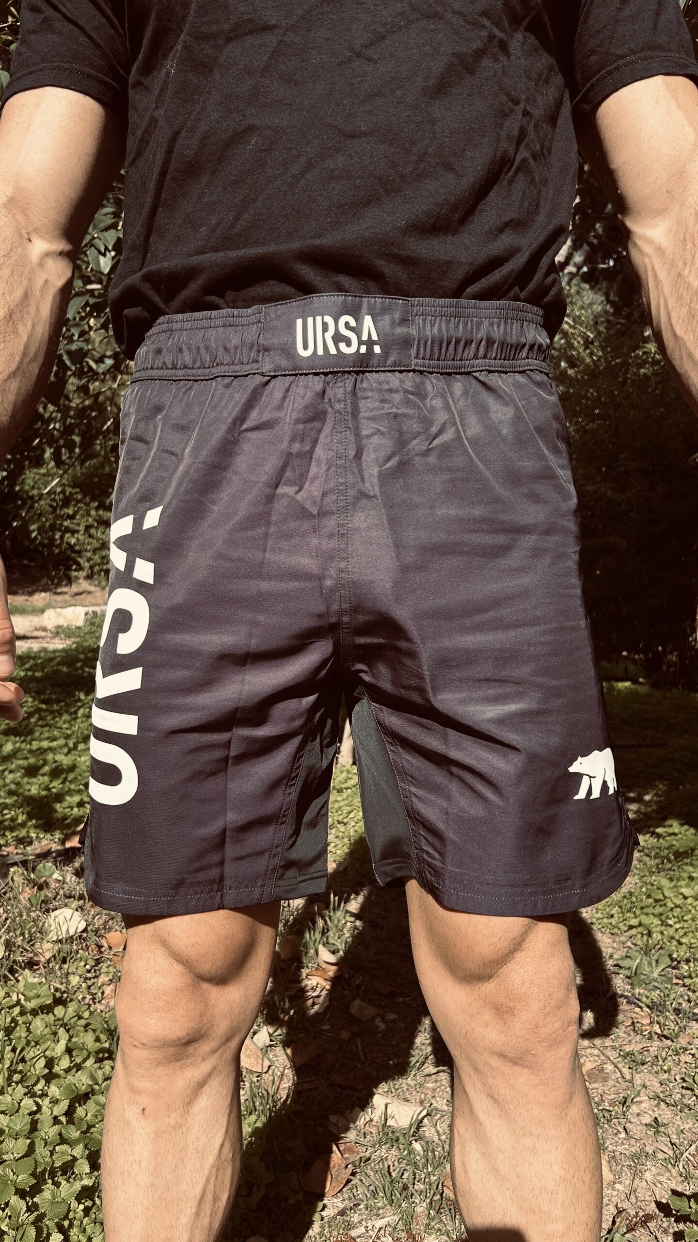 black and white URSA grappling shorts