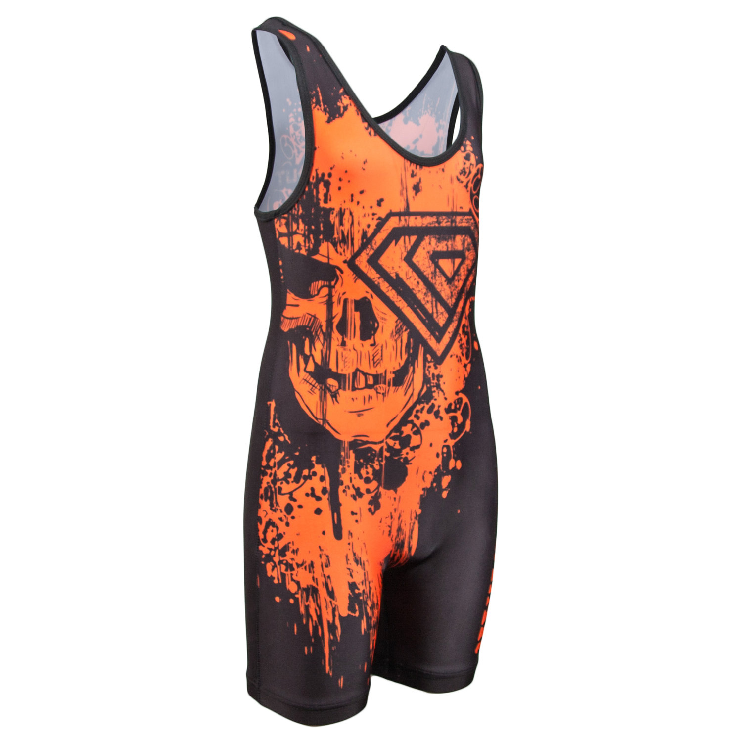 Wrestling Singlet by KO Sports Gear: SKULL – ORANGE AND BLACK