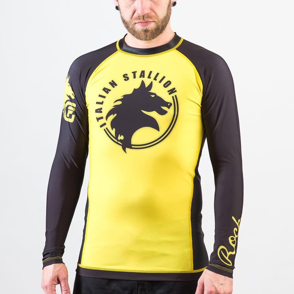 Fusion Fight Gear Rocky Italian Stallion BJJ Rash Guard- Yellow and Black (RETIRED)