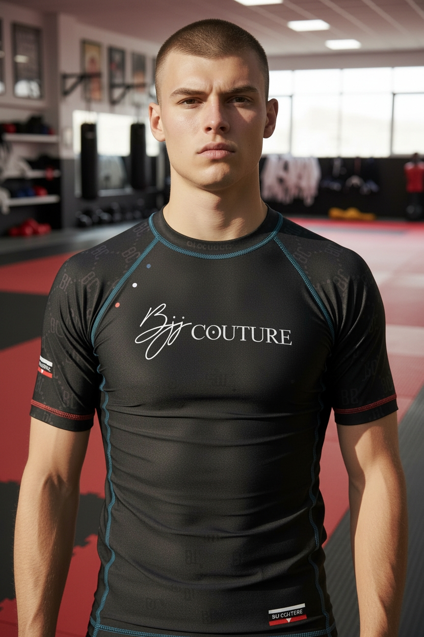 BJJ Couture Black Rashguard with Red White and Jade Contrast Details