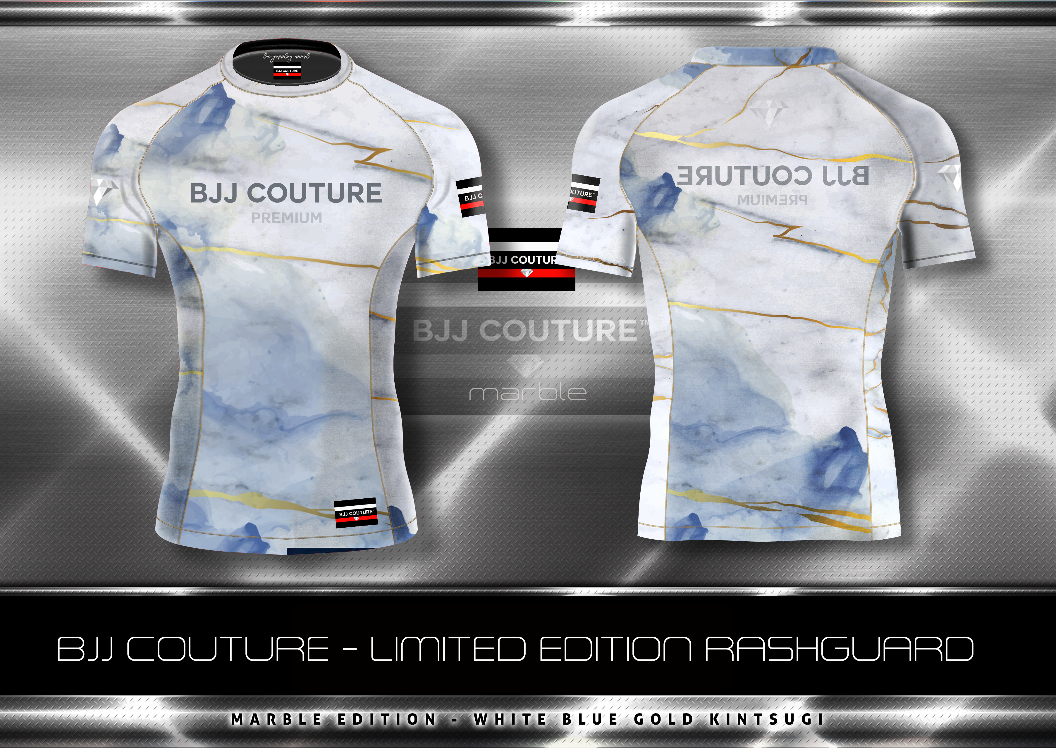 BJJ Couture White Blue Gold Veining Marble Rashguard
