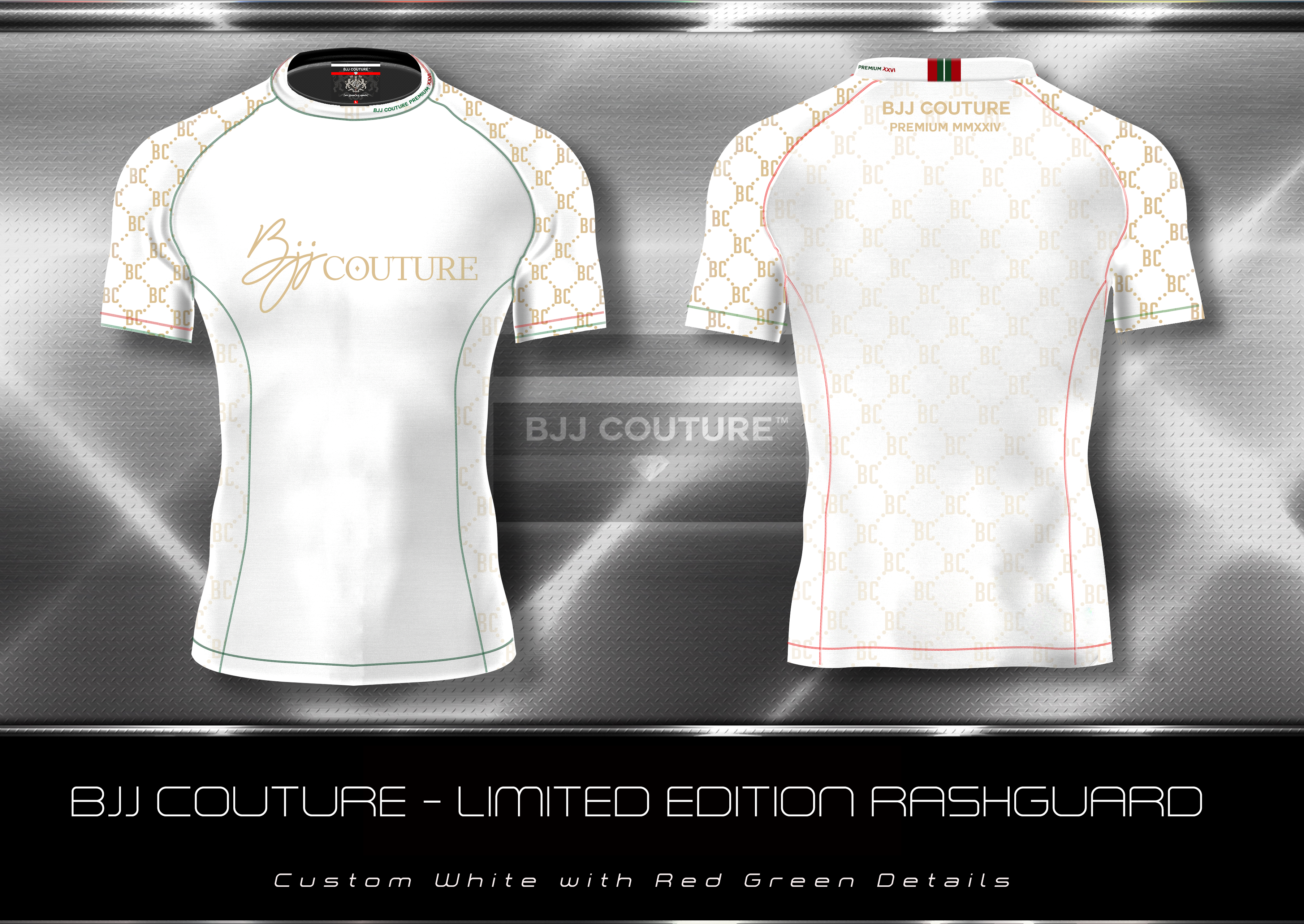 BJJ Couture White and Gold Rashguard with Contrast Details