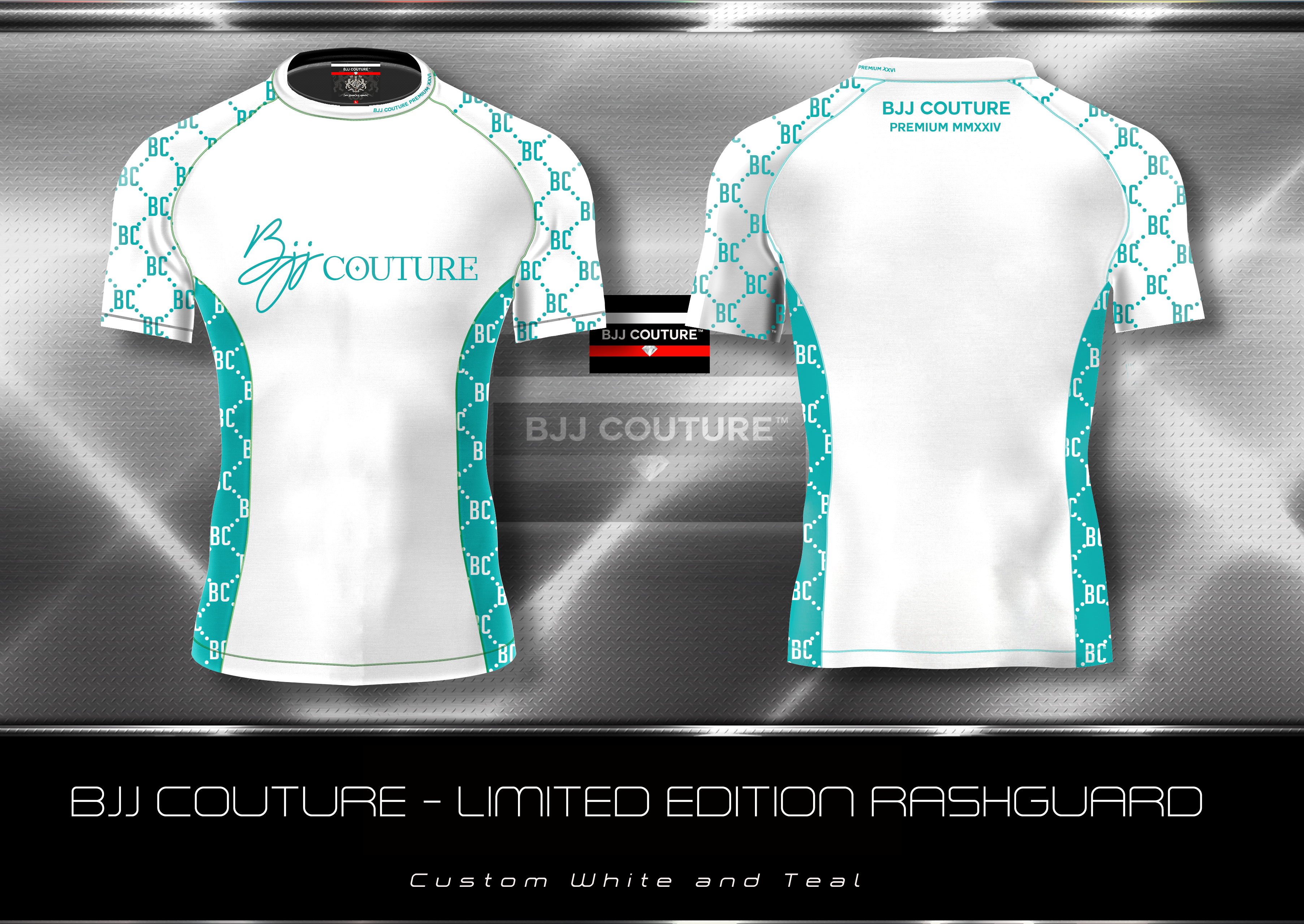 BJJ Couture White and Teal Rashguard with Contrast Details