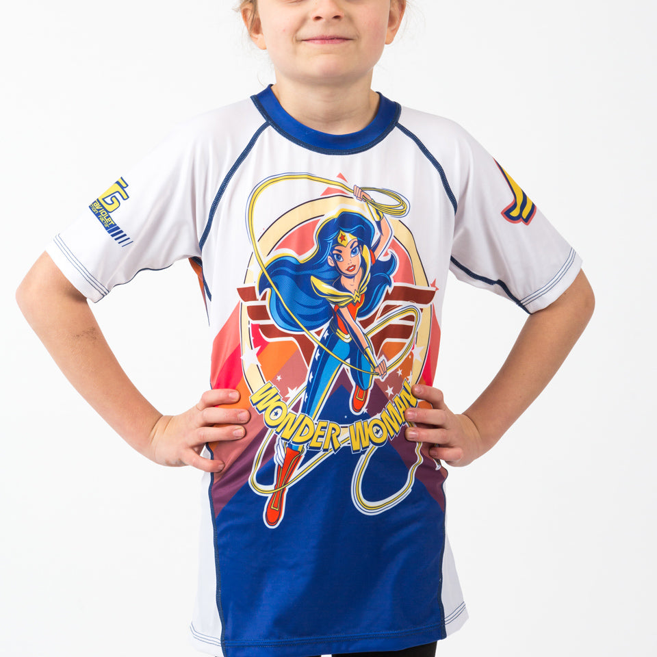 Fusion Fight Gear Wonder Woman DC Superhero Girls Kids BJJ Rash Guard- Short Sleeve