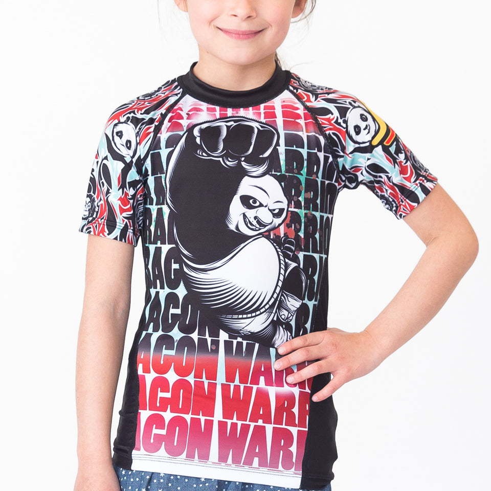Fusion Fight Gear Kung Fu Panda Dragon Warrior Kids BJJ Rash Guard - White Short Sleeve
