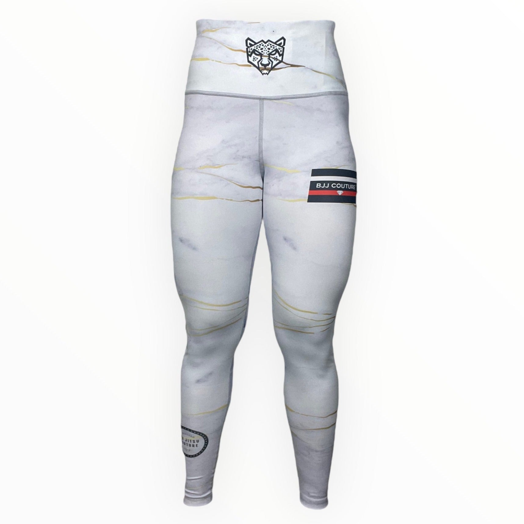 BJJ Couture Women's Compression Grappling Spats - White Carrara Marble with Gold Veining and Indigo Ink Spills