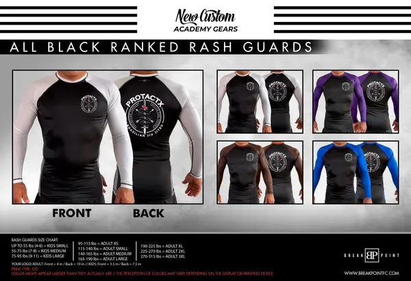 Protactx BJJ All Black Ranked Long Sleeve Rash Guards #1748 A