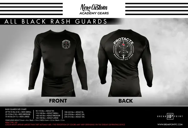Protactx BJJ All Black Rash Guards Long Sleeves #1748 A