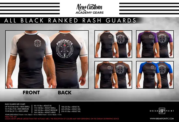 Protactx BJJ All Black Ranked Short Sleeve Rash Guards #1748 A