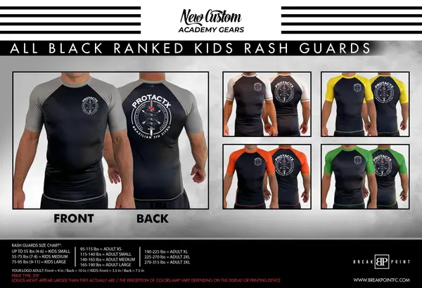Protactx BJJ All Black Ranked Short Sleeve Rash Guards #1748 A