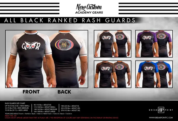 Black tie Jiu Jitsu All Black Ranked Short Sleeve Rash Guards #1746 C