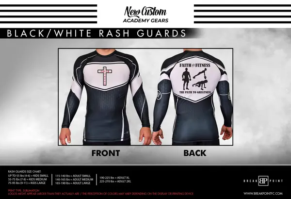 Faith and Fitness Academy Rash Guards Black/White #1750 A