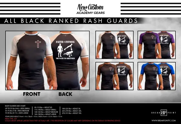 Faith and Fitness All Black Ranked Short Sleeve Rash Guards #1750 A
