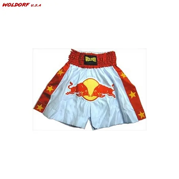 Muay Thai Kickboxing Shorts with Red Bulls in Satin