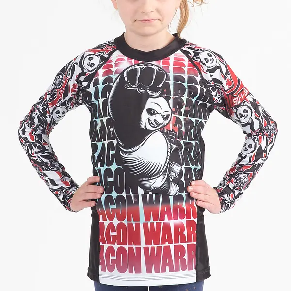 Fusion Fight Gear Kung Fu Panda Dragon Warrior Kids BJJ Rash Guard - White Long Sleeve