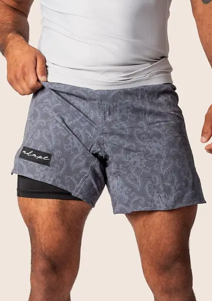 Unisex Dual‑Layer Combination Shorts – Dark Grey Paisley